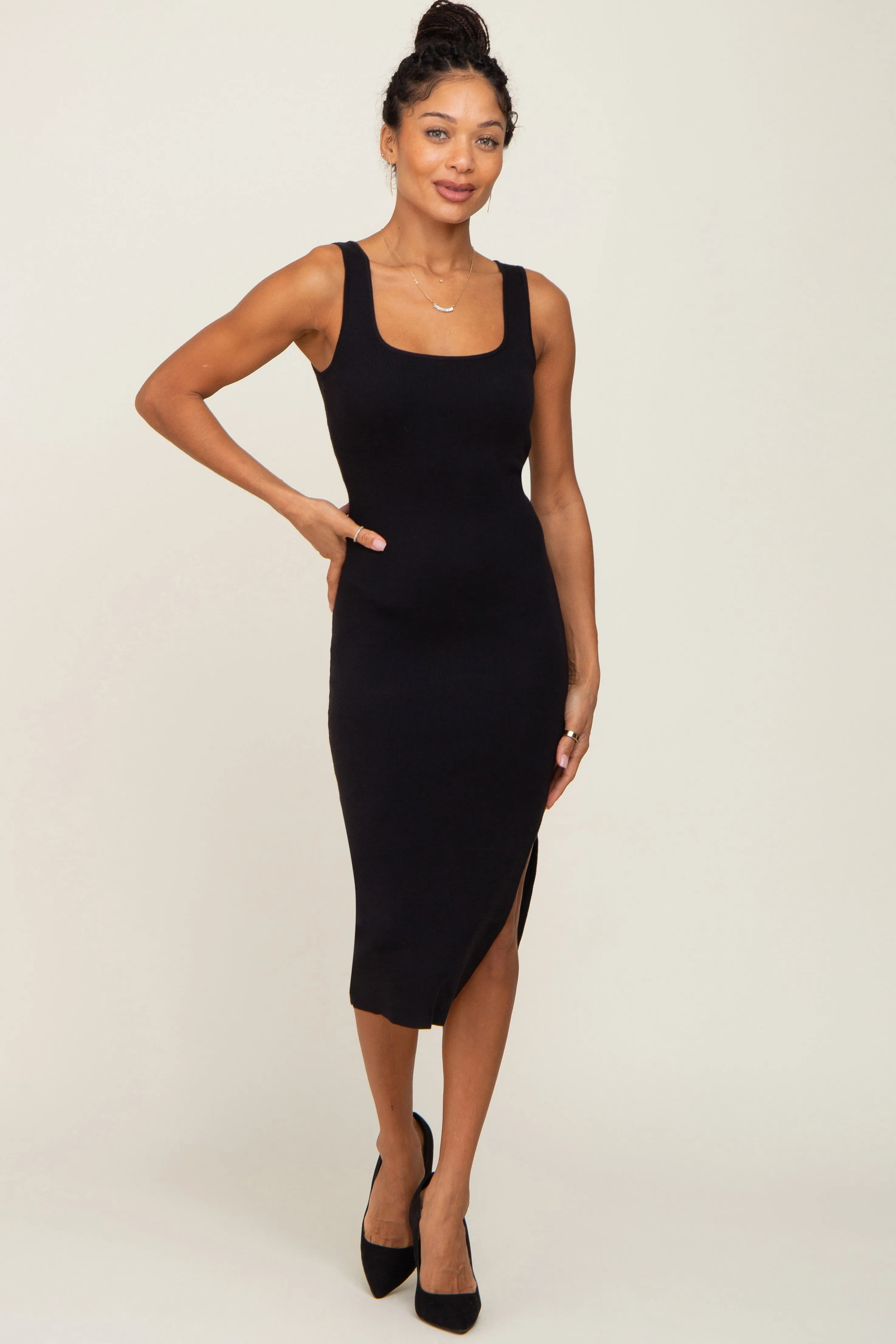 Black Knit Fitted Maternity Midi Dress sold by Pinkblush product image thumbnail 4
