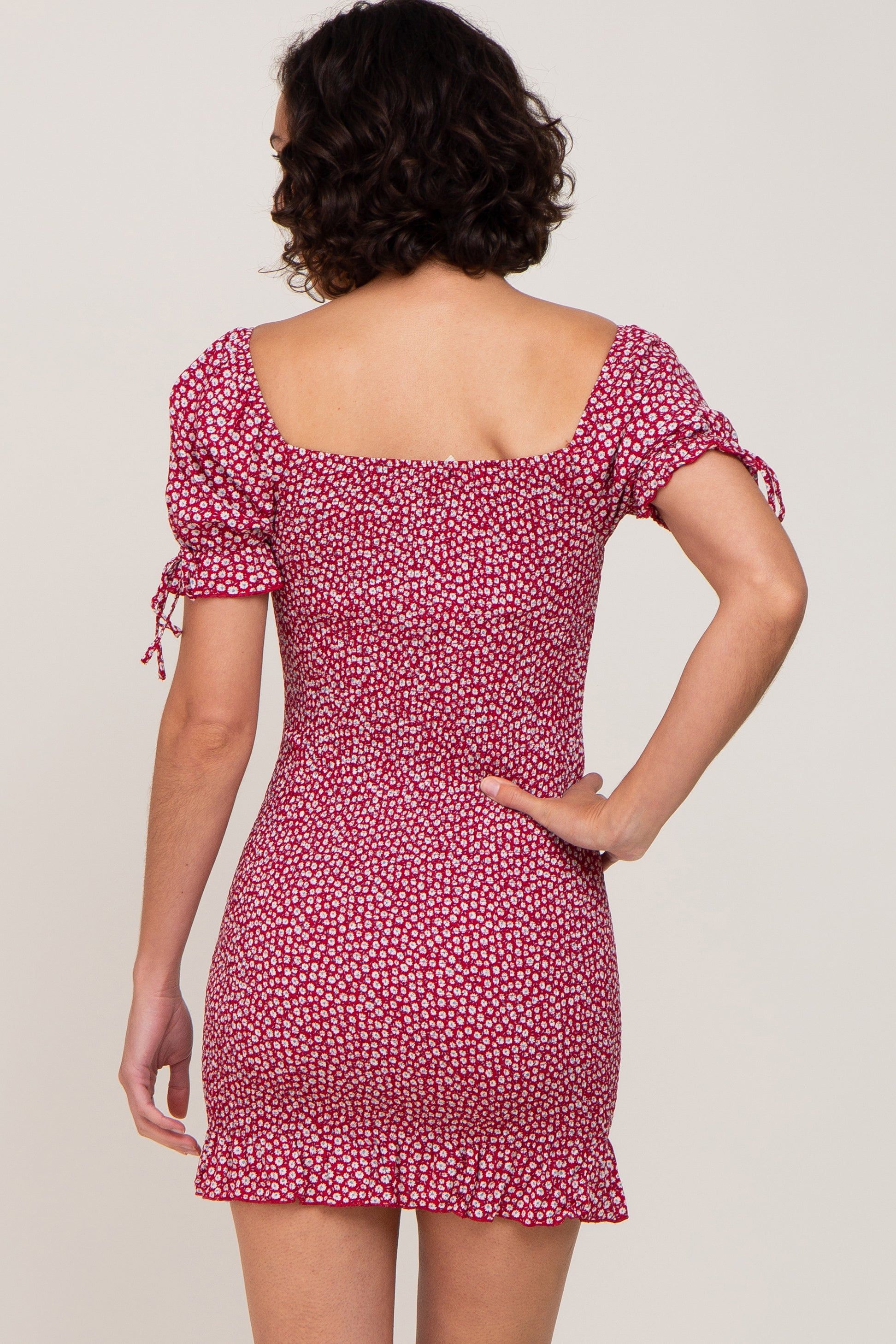 Red Floral Smocked Short Puff Sleeve Mini Dress sold by Pinkblush product image thumbnail 3