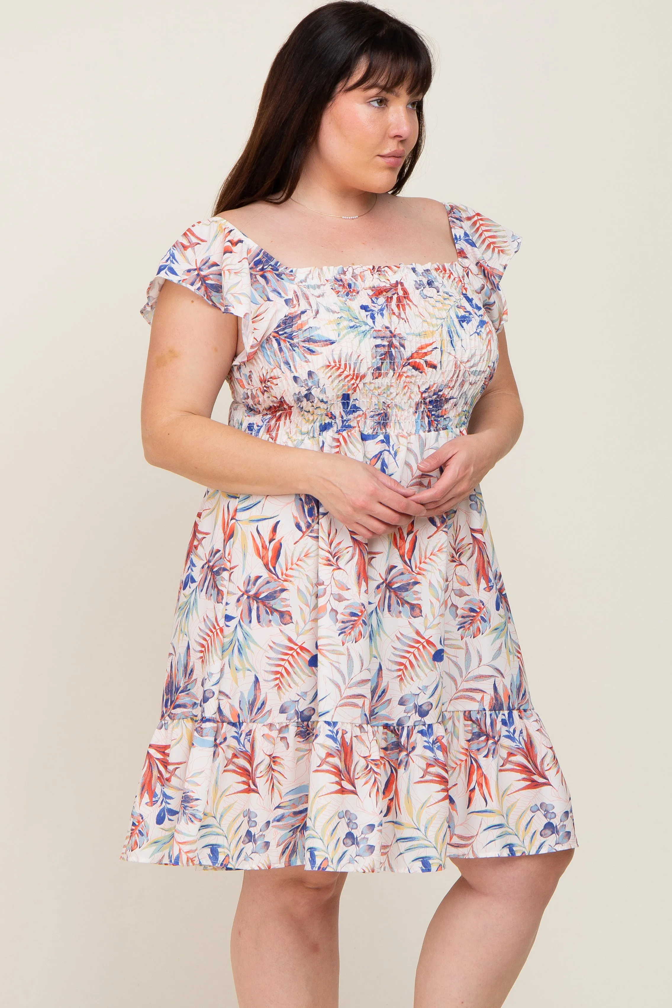Cream Palm Print Smocked Flutter Sleeve Plus Dress sold by Pinkblush product image thumbnail 2