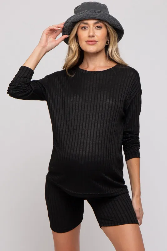 Black Ribbed Long Sleeve Maternity Shorts Set sold by Pinkblush