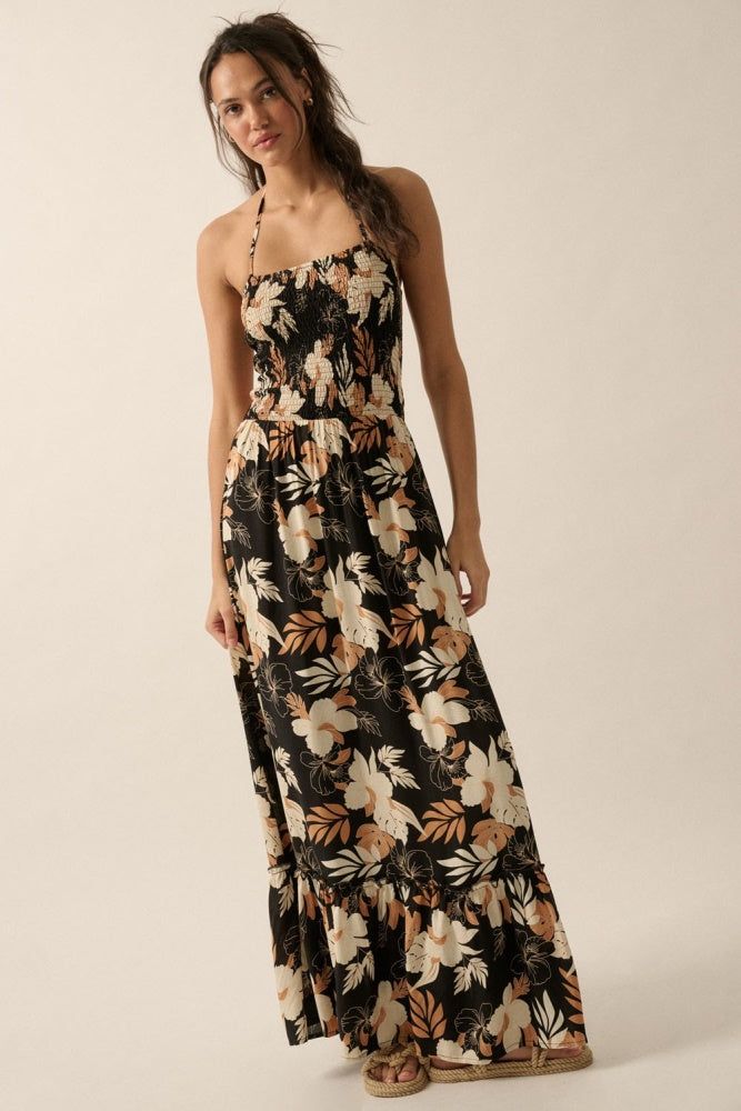 Black Floral Smocked-Bodice Maxi Halter Dress sold by Pinkblush product image thumbnail 2