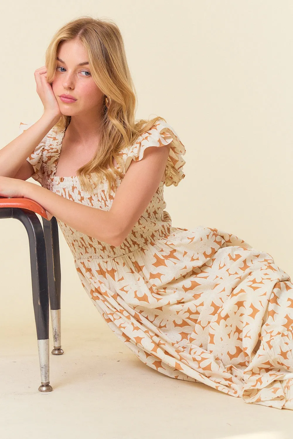 Rust Floral Print Smocked Ruffle Sleeve Maxi Dress sold by Pinkblush