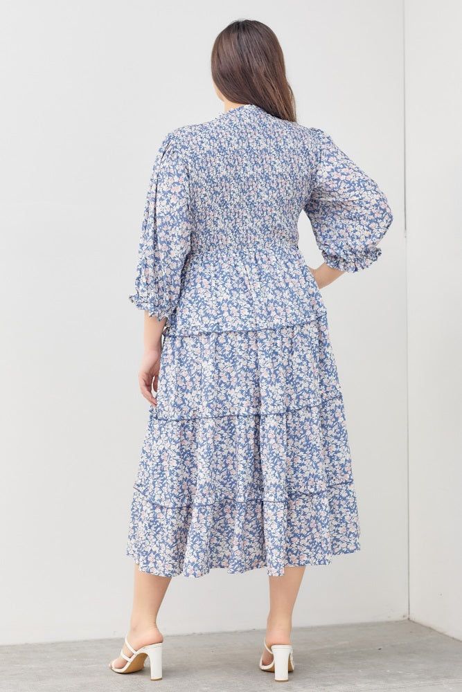Blue Floral Smocked Ruffle Tiered Plus Midi Dress sold by Pinkblush product image thumbnail 4