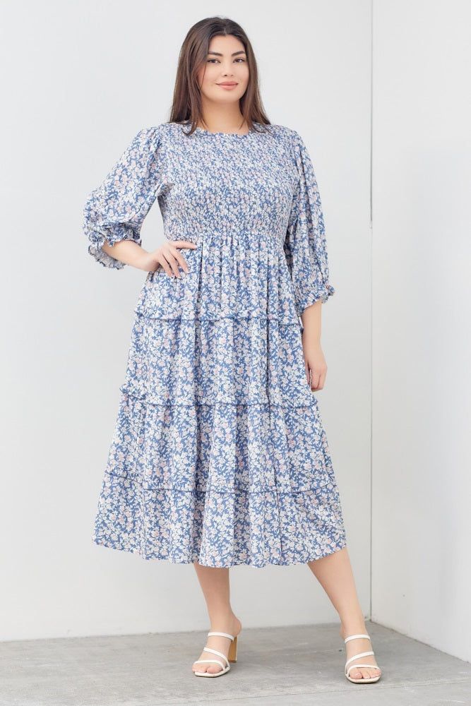 Blue Floral Smocked Ruffle Tiered Plus Midi Dress sold by Pinkblush