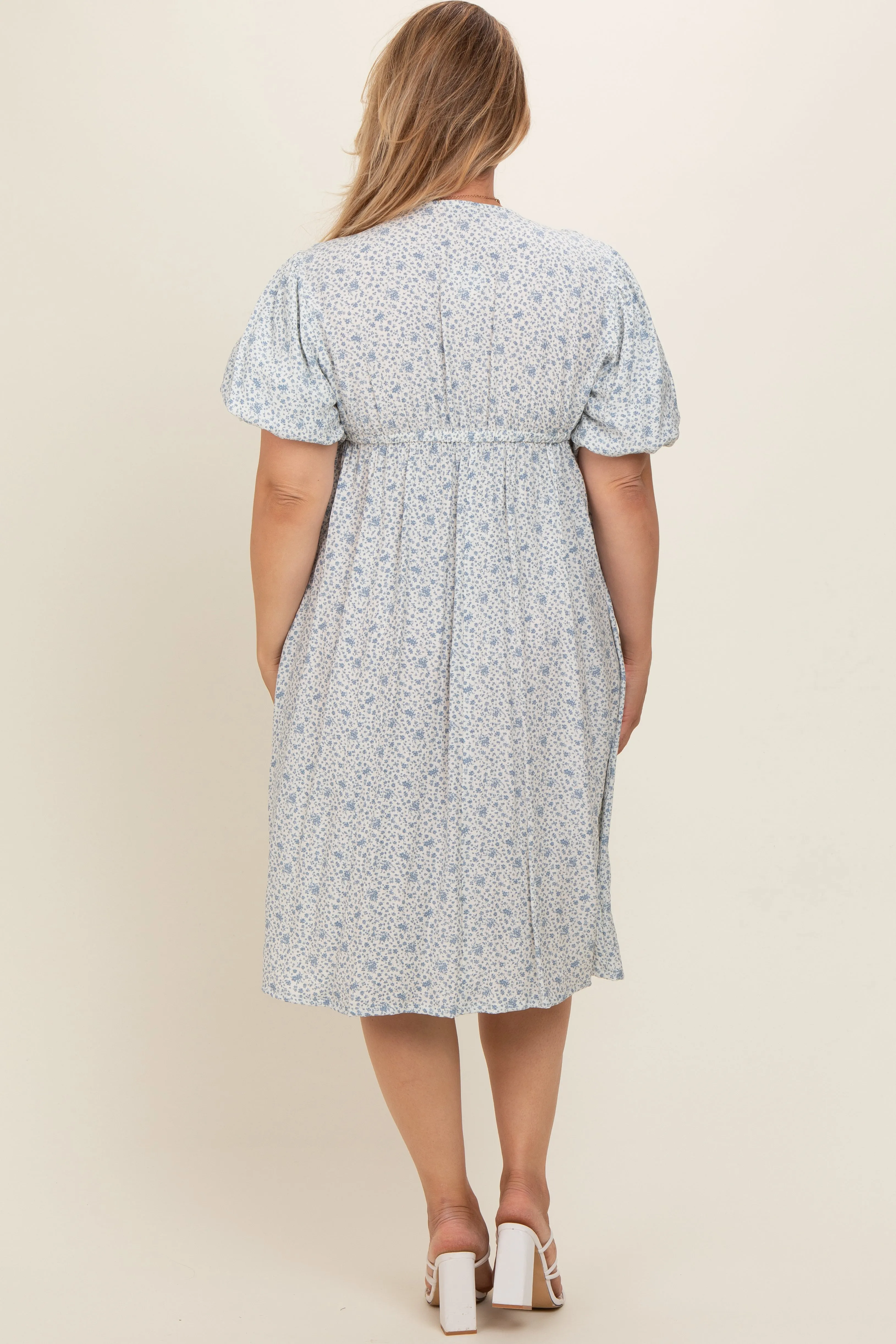 Light Blue Floral Puff Sleeve Plus Maternity Midi Dress sold by Pinkblush product image thumbnail 3