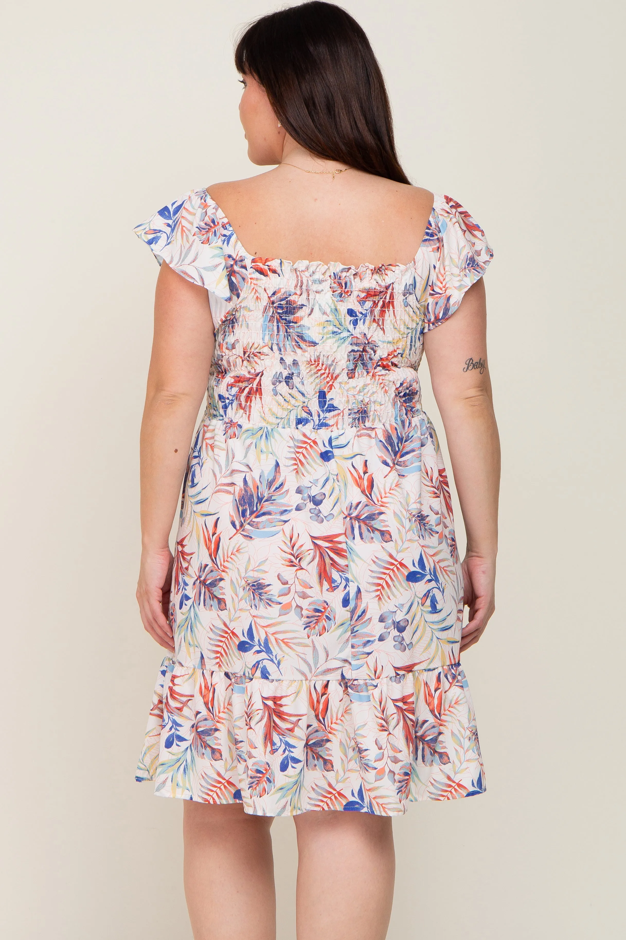 Cream Palm Print Smocked Flutter Sleeve Plus Dress sold by Pinkblush product image thumbnail 3