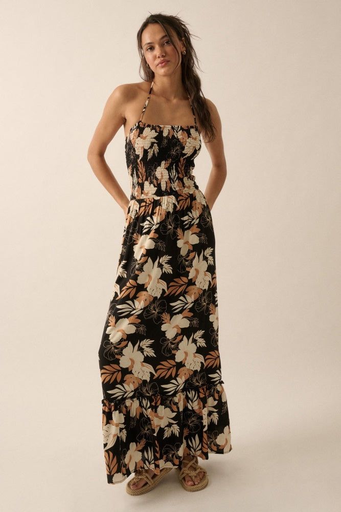 Black Floral Smocked-Bodice Maxi Halter Dress sold by Pinkblush product image thumbnail 3