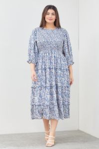 Blue Floral Smocked Ruffle Tiered Plus Midi Dress sold by Pinkblush