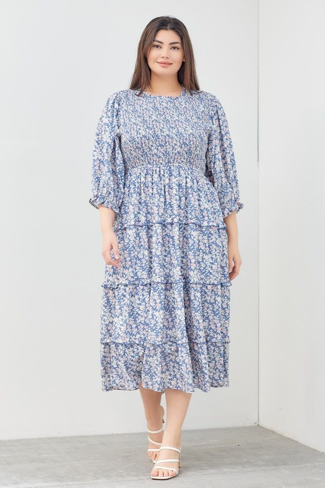 Blue Floral Smocked Ruffle Tiered Plus Midi Dress sold by Pinkblush product image thumbnail 2