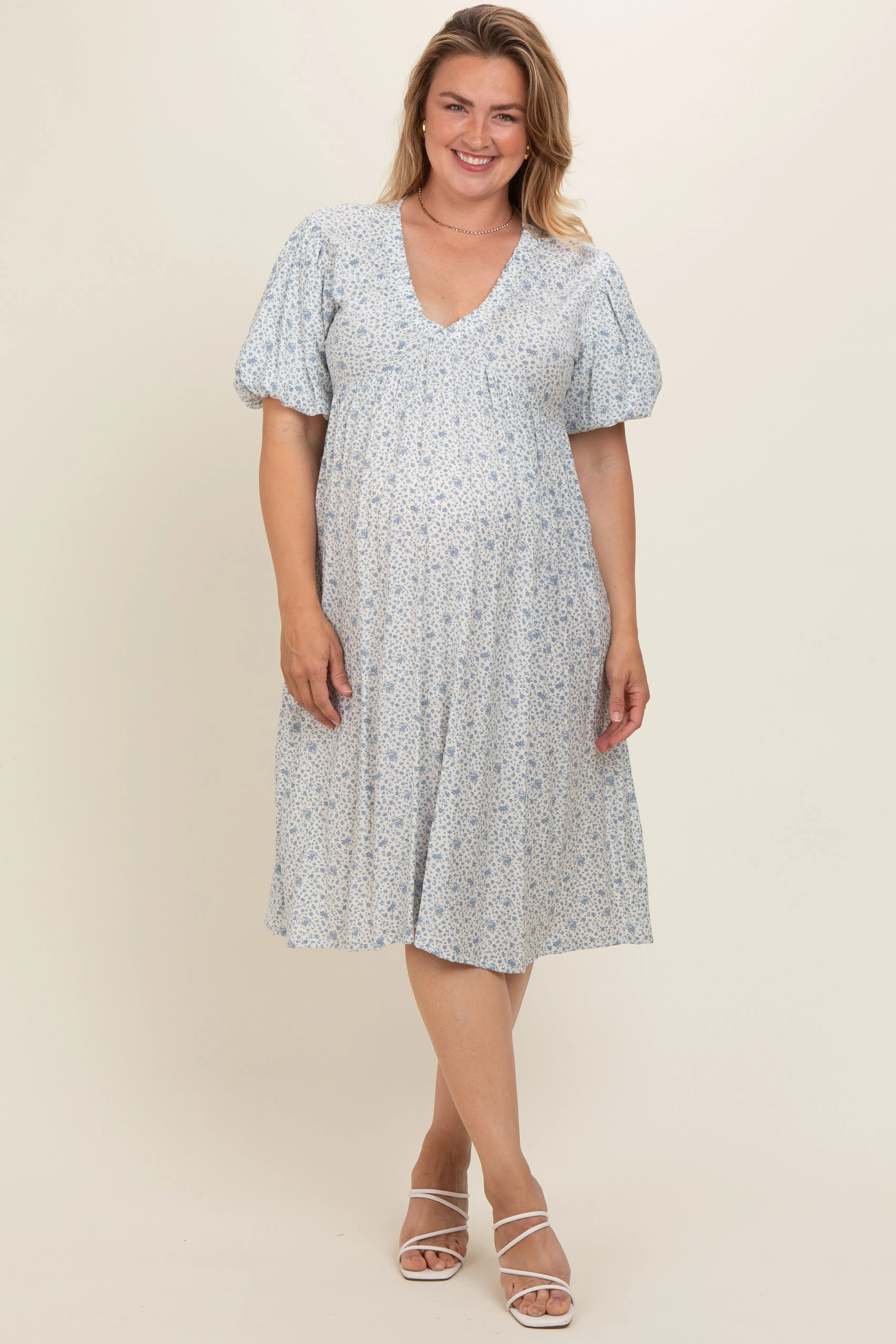 Light Blue Floral Puff Sleeve Plus Maternity Midi Dress sold by Pinkblush