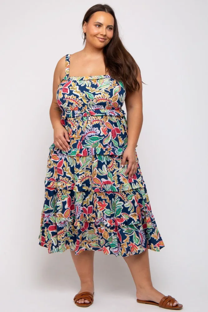 Navy Blue Multi-Color Floral Sleeveless Tiered Plus Midi Dress sold by Pinkblush product image thumbnail 2