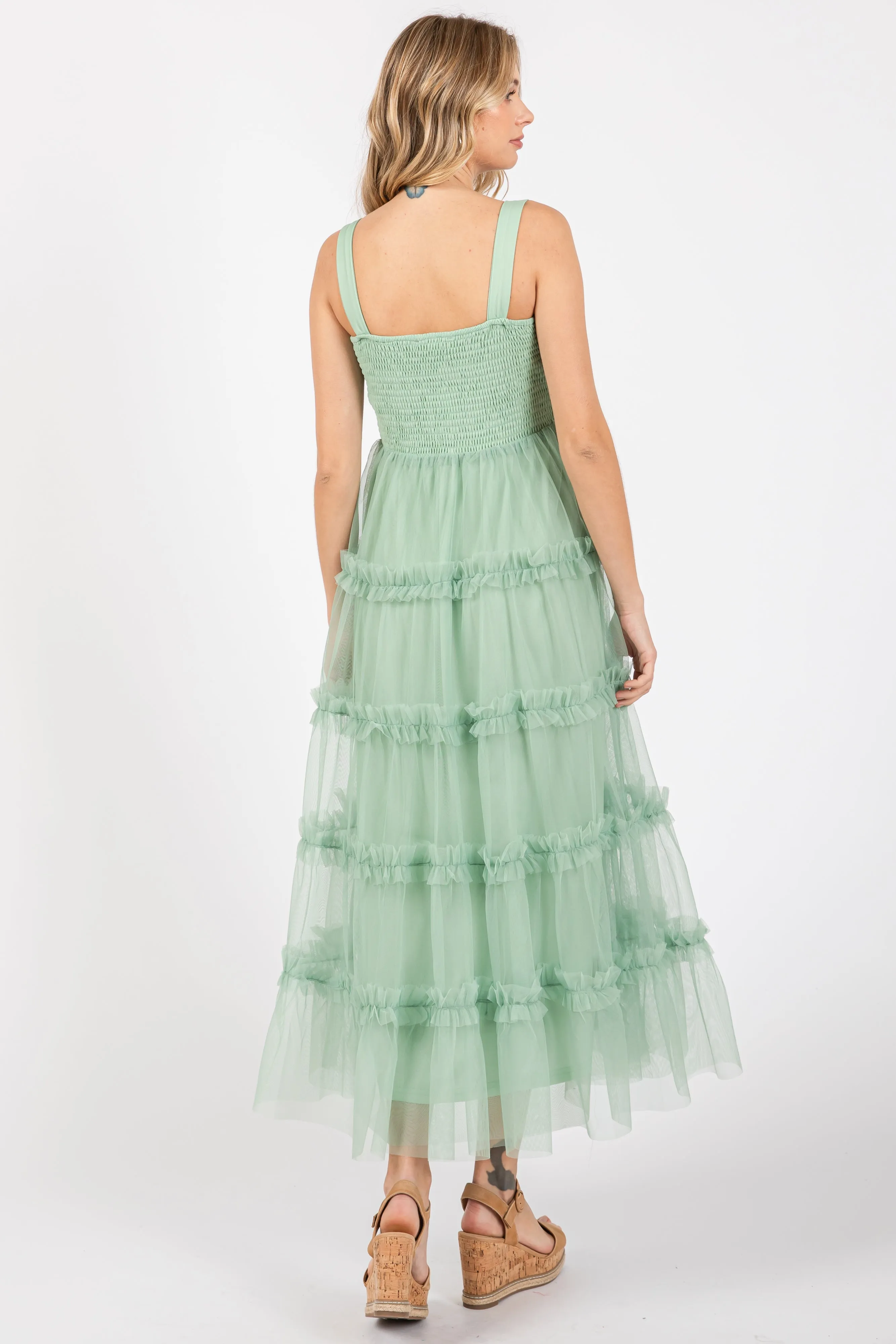 Mint Green Smocked Ruffle Tiered Tulle Midi Dress sold by Pinkblush product image thumbnail 3