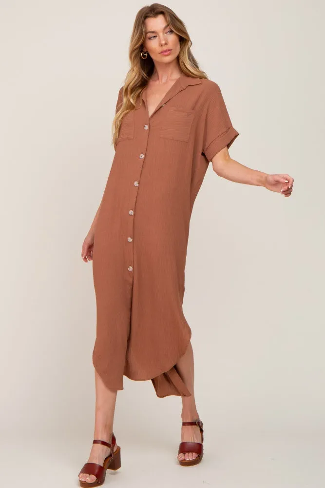 Camel Button Down Hi Low Maxi Dress sold by Pinkblush
