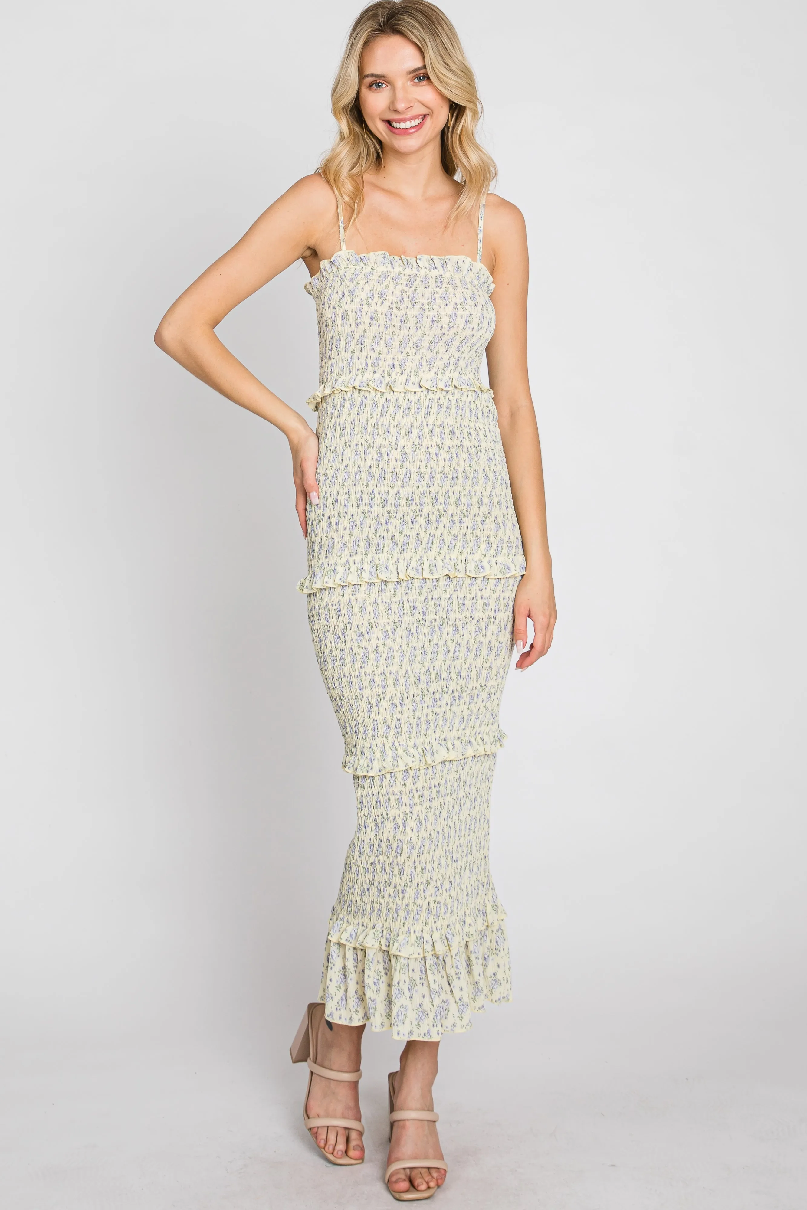 Yellow Floral Print Smocked Maternity Midi Dress sold by Pinkblush product image thumbnail 4