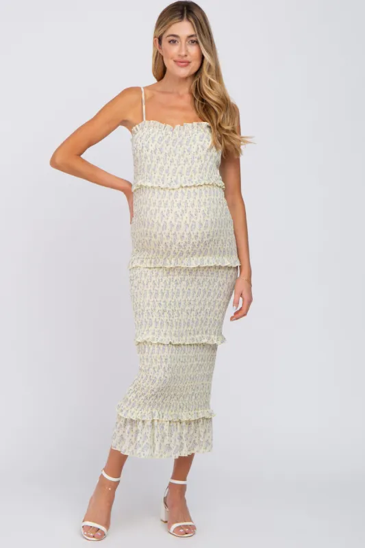 Yellow Floral Print Smocked Maternity Midi Dress sold by Pinkblush