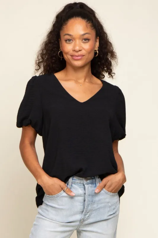 Black Puff Sleeve V-Neck Top sold by Pinkblush