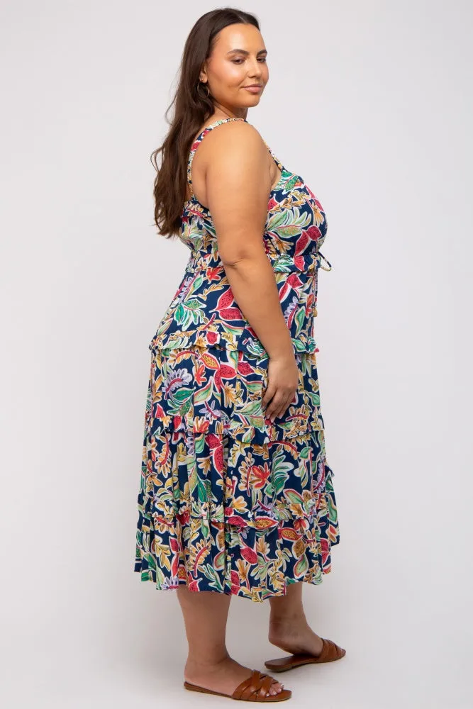 Navy Blue Multi-Color Floral Sleeveless Tiered Plus Midi Dress sold by Pinkblush product image thumbnail 3