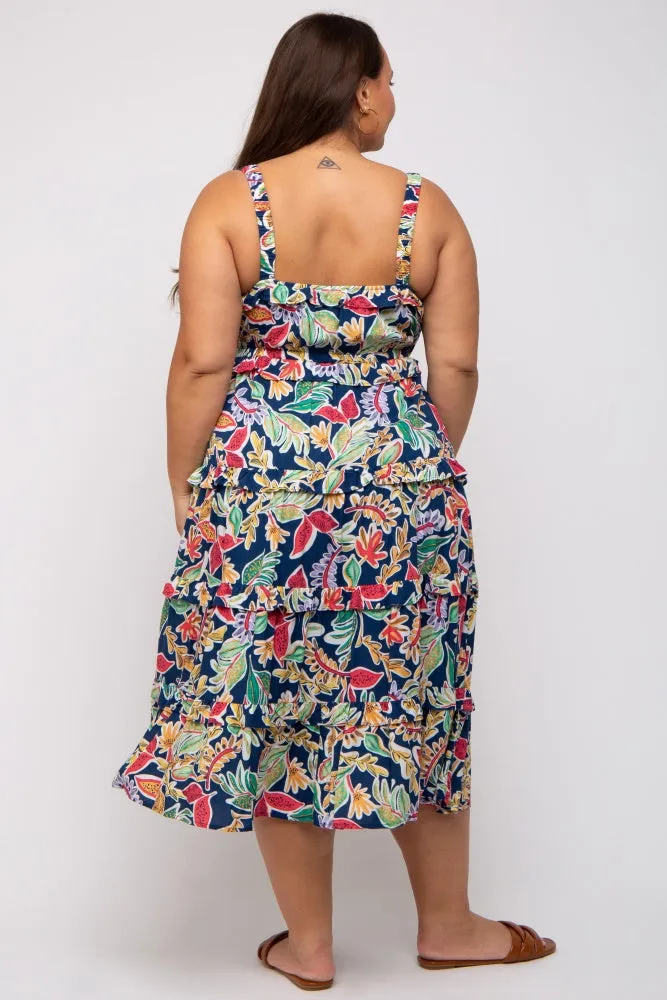 Navy Blue Multi-Color Floral Sleeveless Tiered Plus Midi Dress sold by Pinkblush product image thumbnail 4