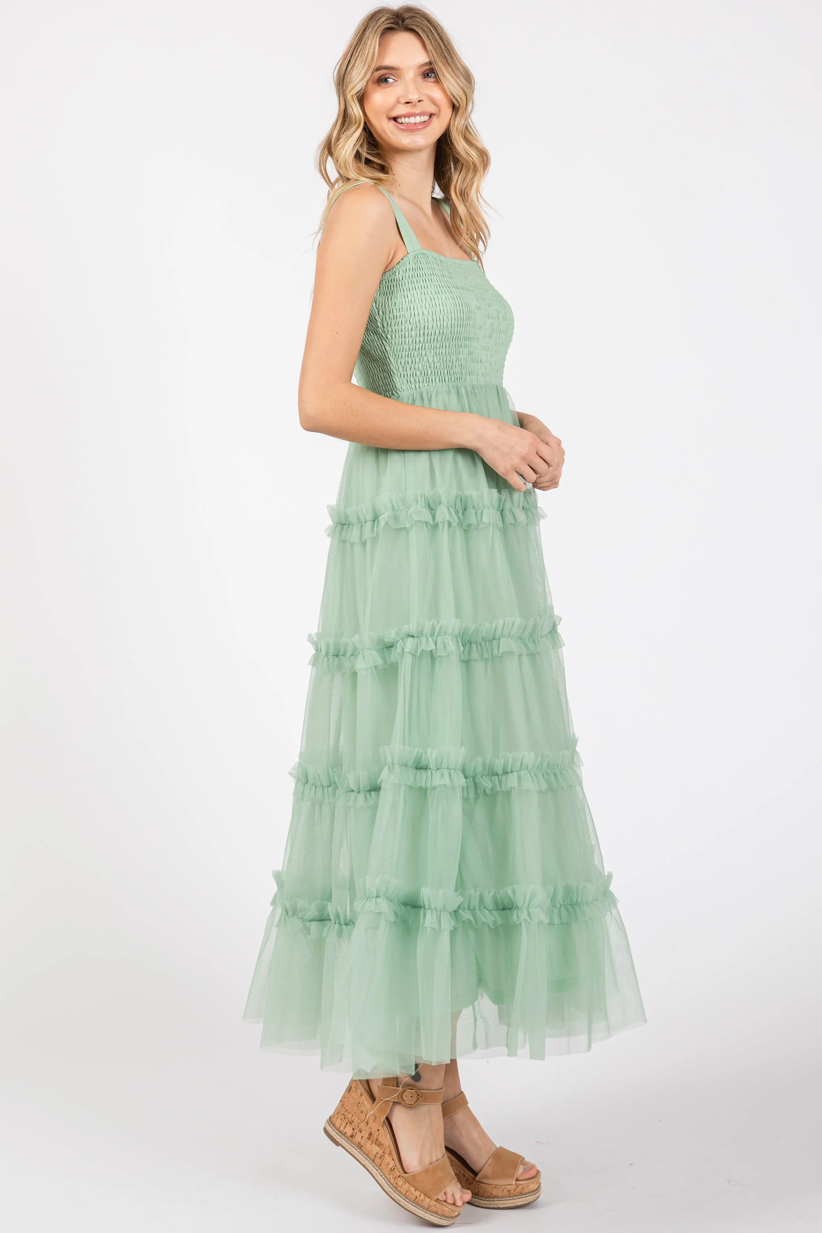 Mint Green Smocked Ruffle Tiered Tulle Midi Dress sold by Pinkblush product image thumbnail 2