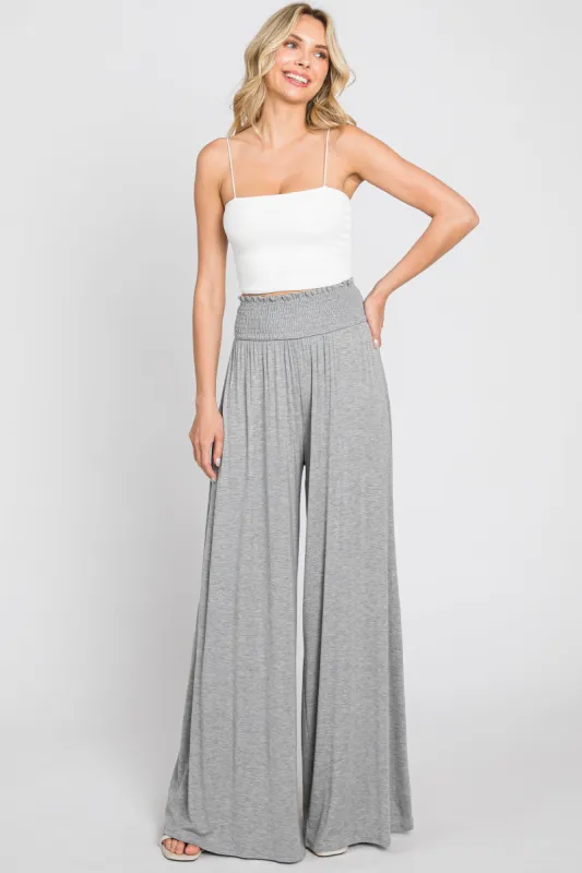 Grey Smocked Waist Flowy Pants sold by Pinkblush