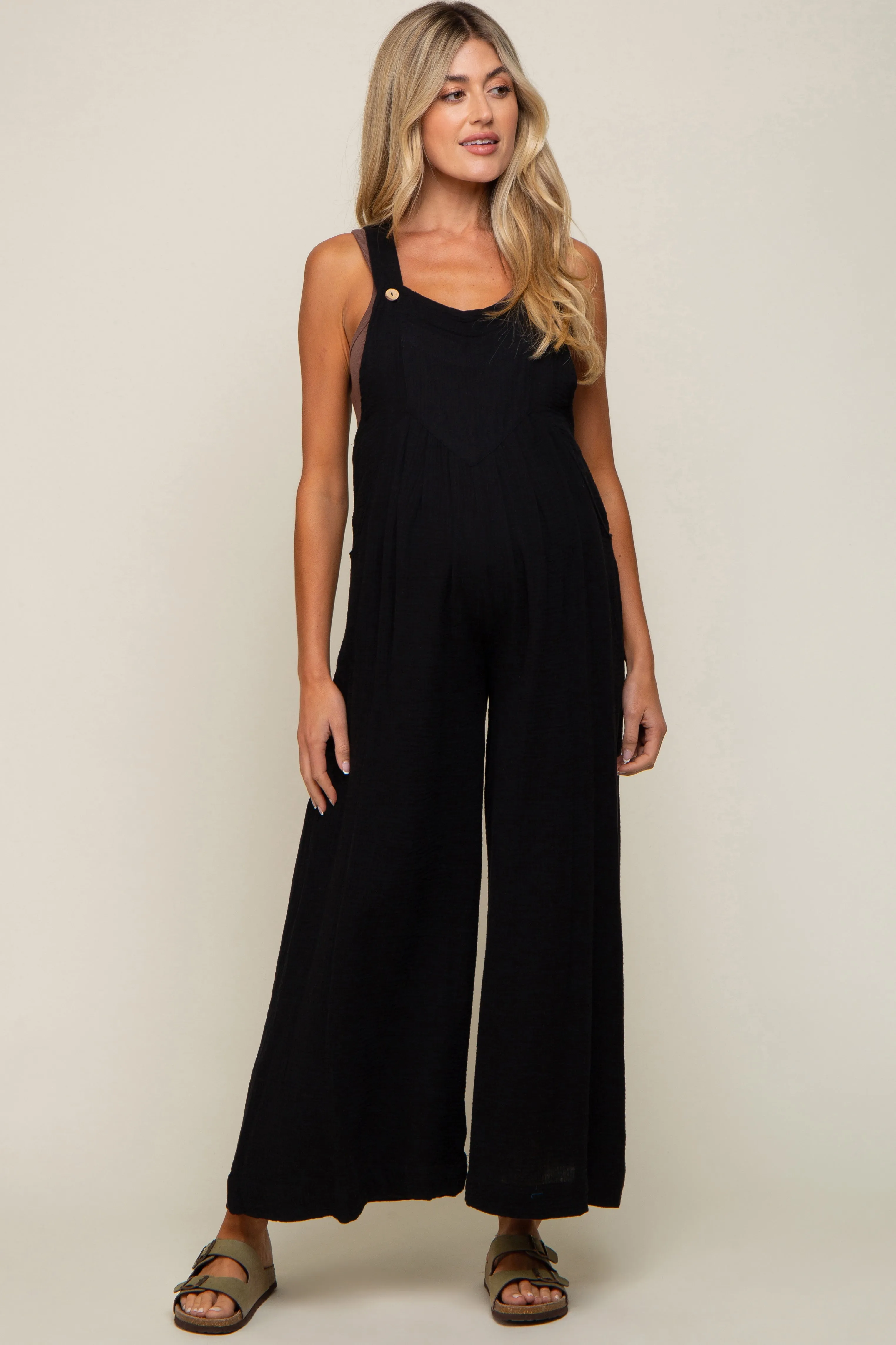 Black Pocket Front Maternity Wide Leg Jumpsuit sold by Pinkblush