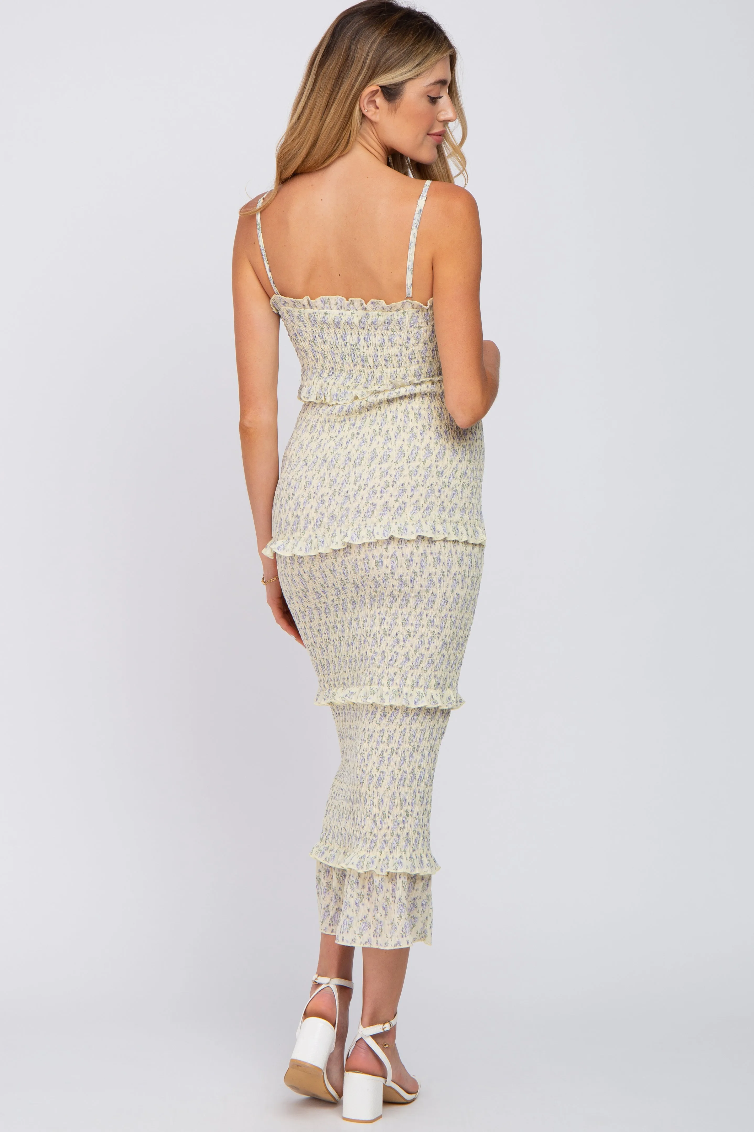 Yellow Floral Print Smocked Maternity Midi Dress sold by Pinkblush product image thumbnail 3