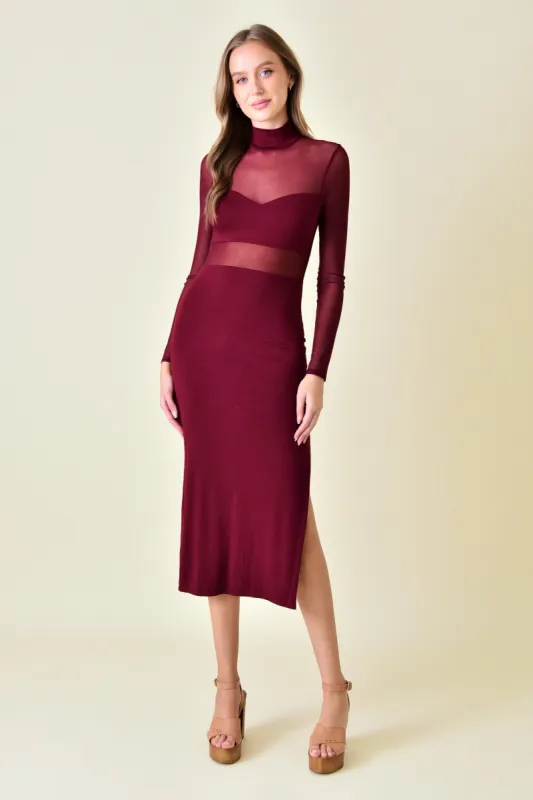 Burgundy Mock Neck Mesh Cut Out Thigh Slit Ankle Dress sold by Pinkblush
