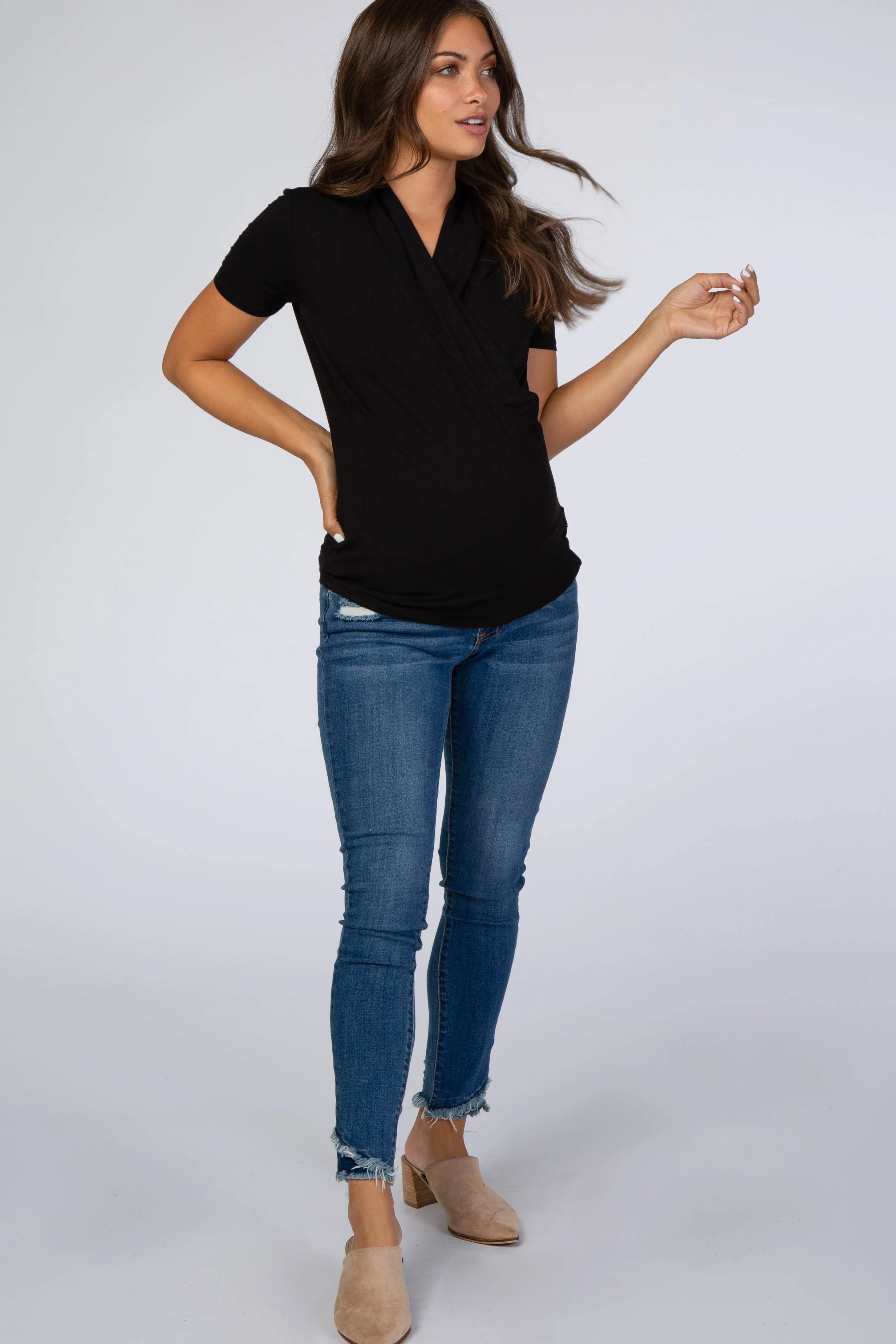 Black Solid Short Sleeve Wrap Front Maternity/Nursing Top sold by Pinkblush product image thumbnail 2