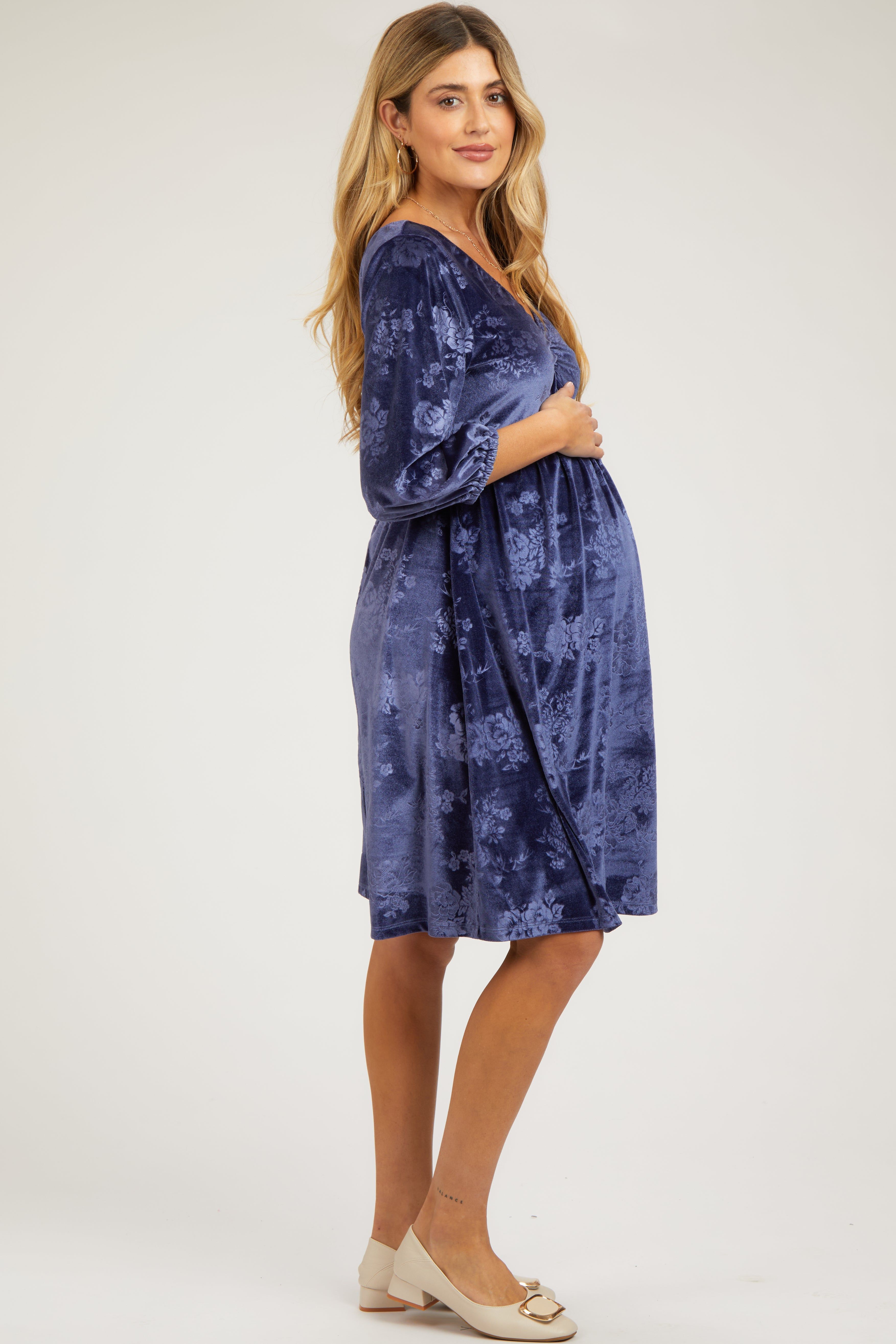 Navy Velvet Floral Ruched Neck Maternity Dress sold by Pinkblush product image thumbnail 2