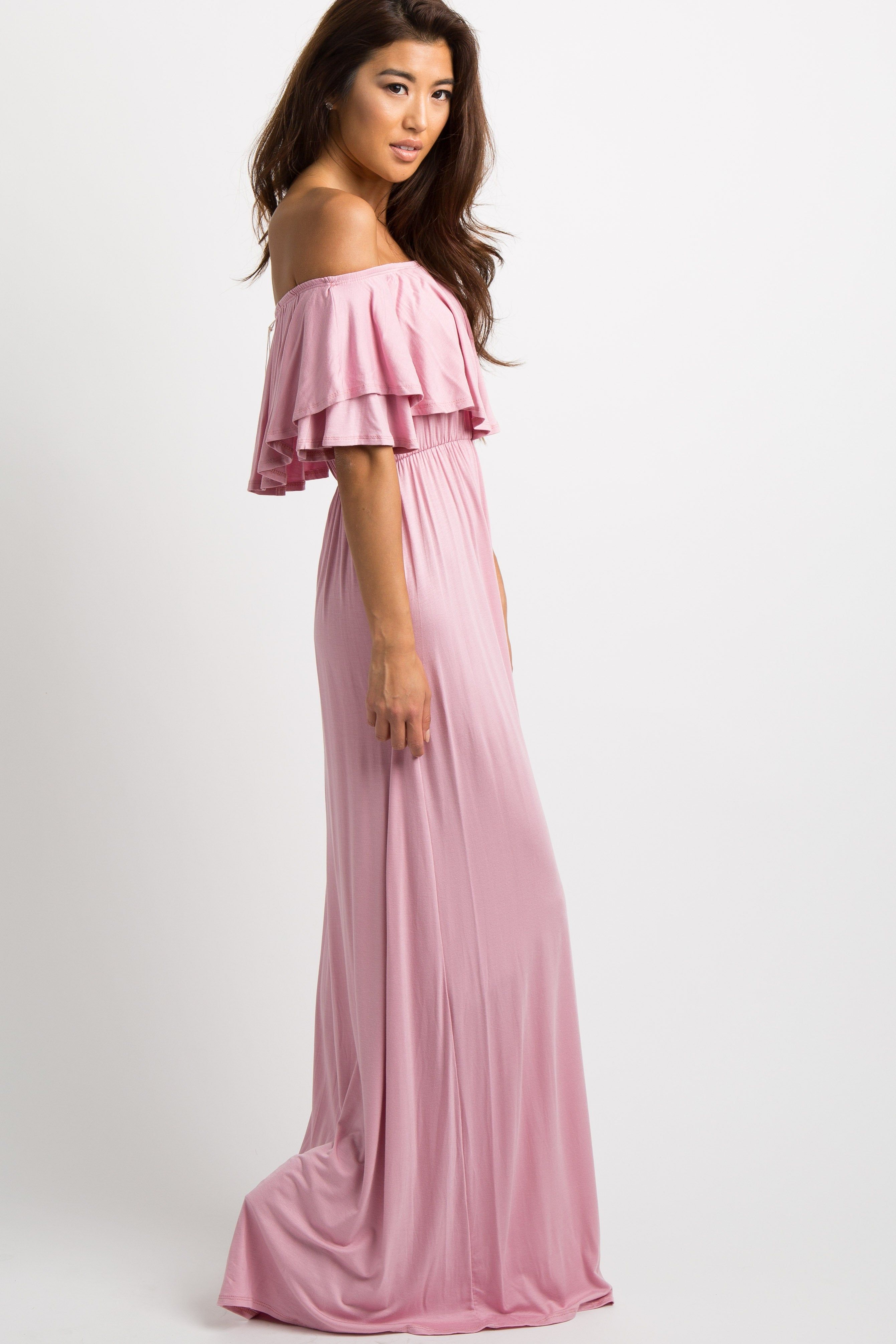 Light Pink Off Shoulder Ruffle Trim Maxi Dress sold by Pinkblush product image thumbnail 2