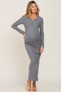 Grey Ribbed Long Sleeve Maternity Maxi Dress sold by Pinkblush