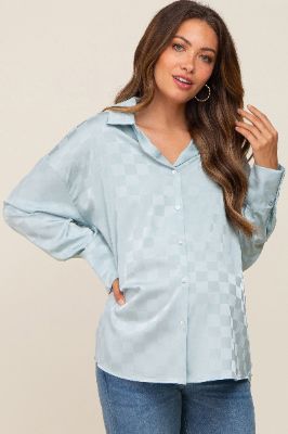 Light Blue Checkered Satin Button Up Maternity Top sold by Pinkblush