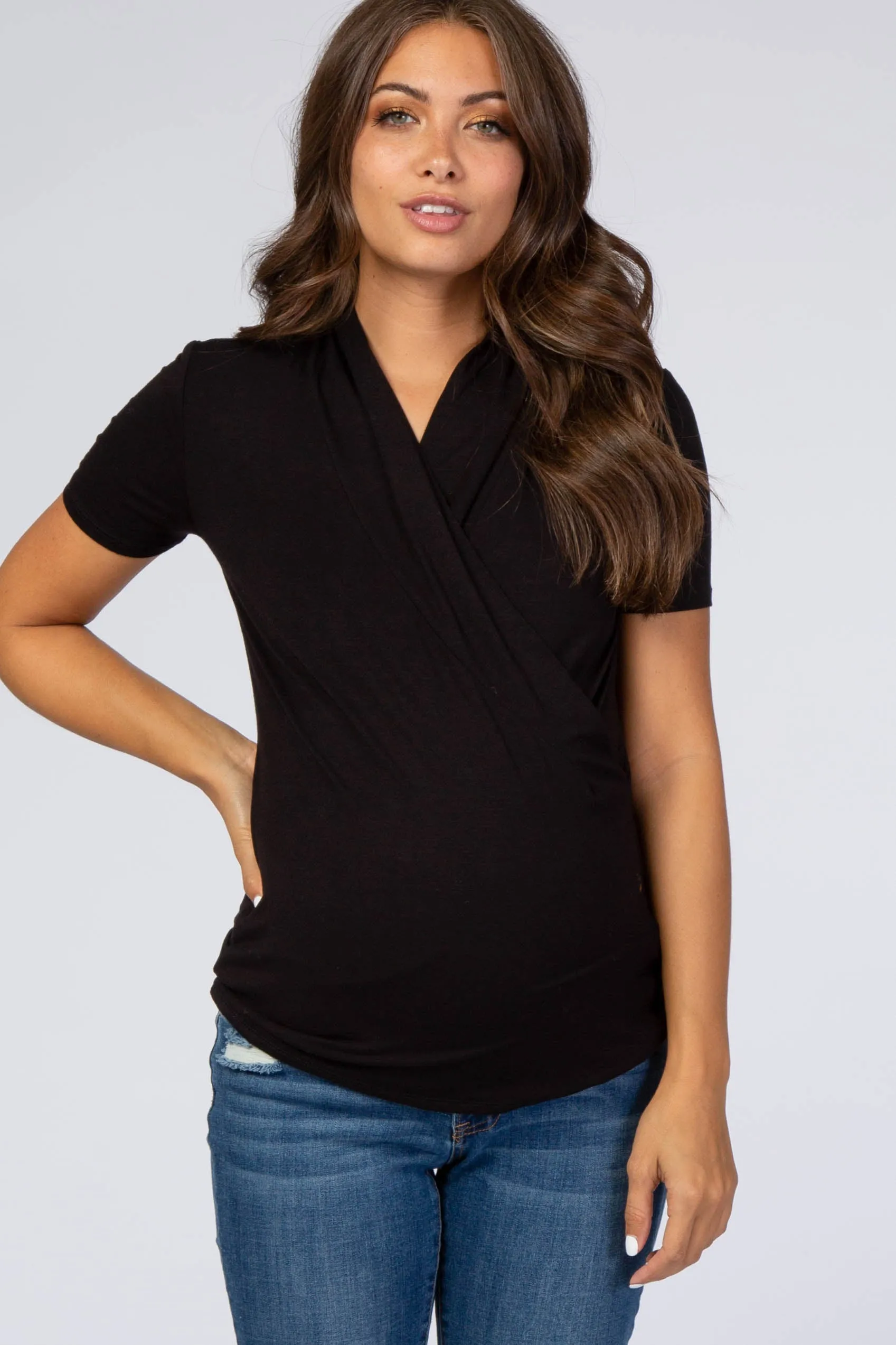 Black Solid Short Sleeve Wrap Front Maternity/Nursing Top sold by Pinkblush