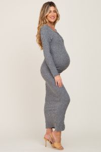 Grey Ribbed Long Sleeve Maternity Maxi Dress sold by Pinkblush