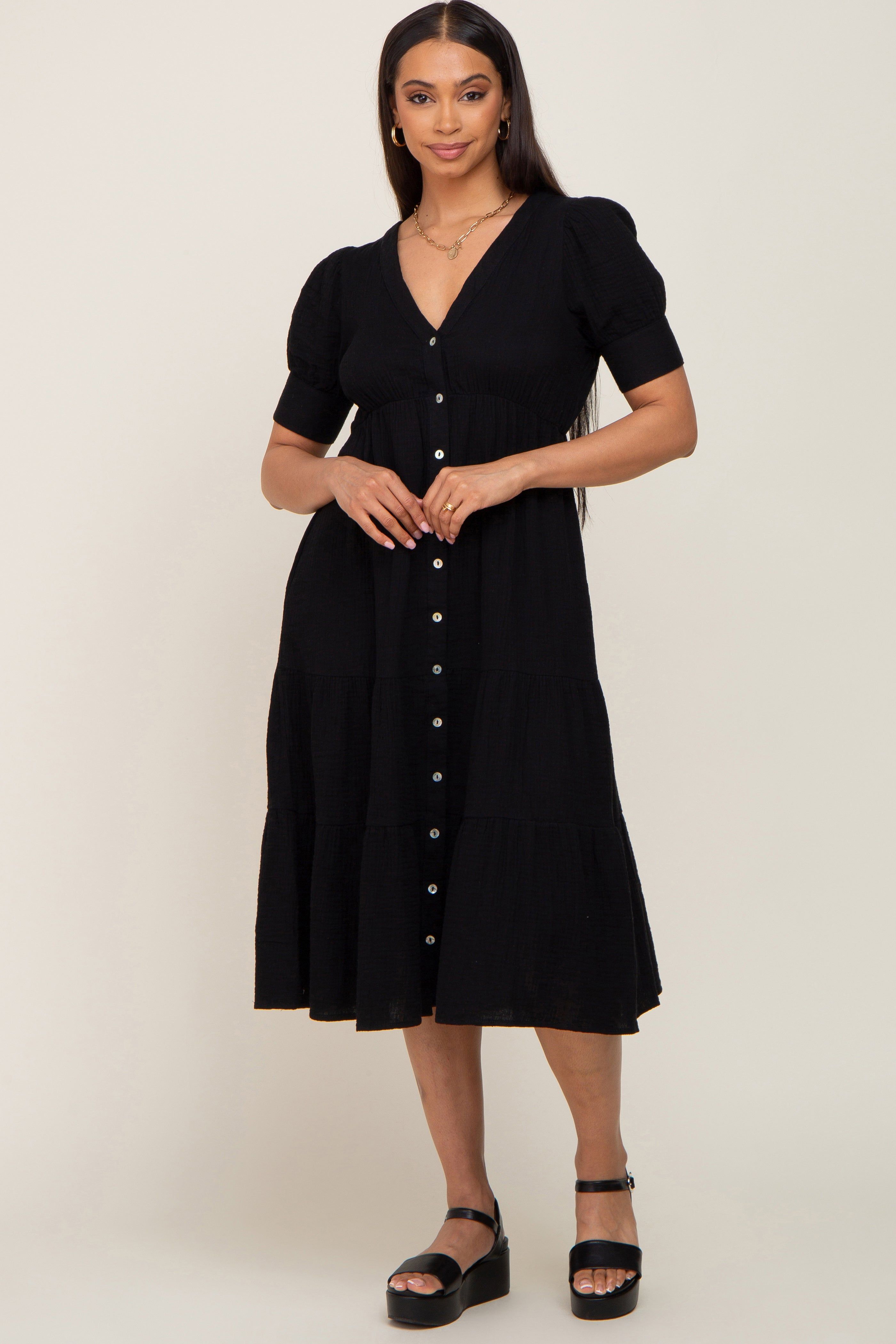 Black Button Down Short Sleeve Dress sold by Pinkblush