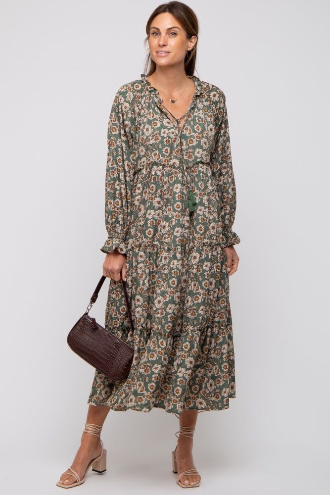 Olive Floral Ruffle Neck Tiered Midi Dress sold by Pinkblush product image thumbnail 5