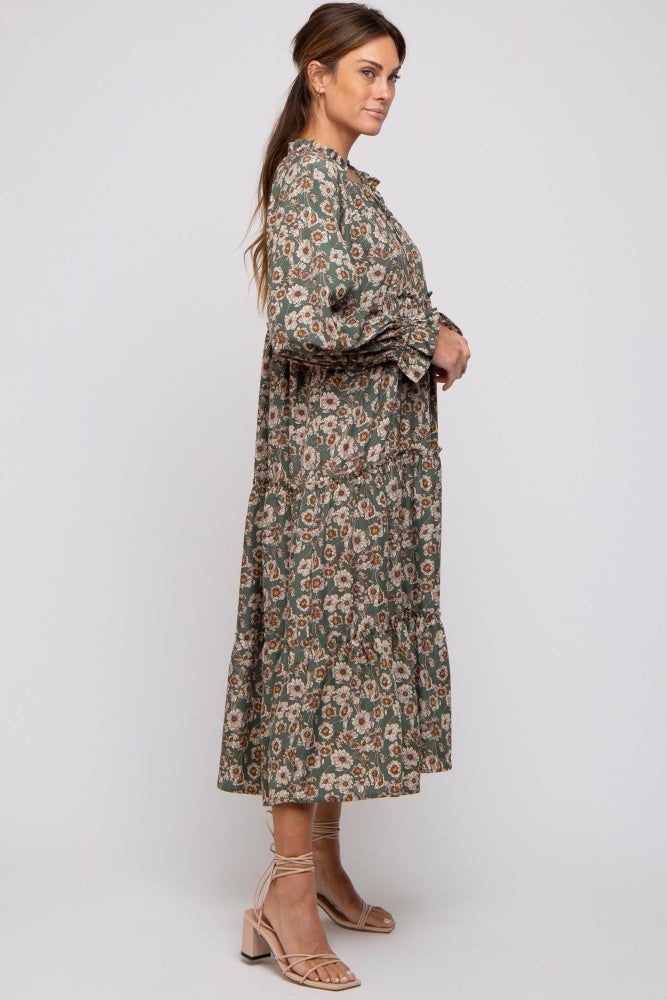 Olive Floral Ruffle Neck Tiered Midi Dress sold by Pinkblush product image thumbnail 2