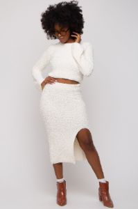 Cream Textured Knit Long Sleeve Top and Skirt Set sold by Pinkblush