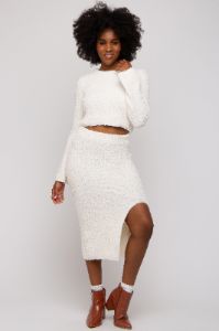 Cream Textured Knit Long Sleeve Top and Skirt Set sold by Pinkblush
