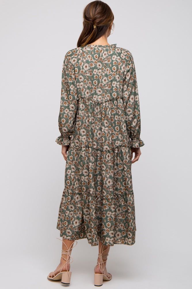 Olive Floral Ruffle Neck Tiered Midi Dress sold by Pinkblush product image thumbnail 3