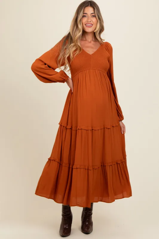 Camel Smocked Tiered Maternity Midi Dress sold by Pinkblush