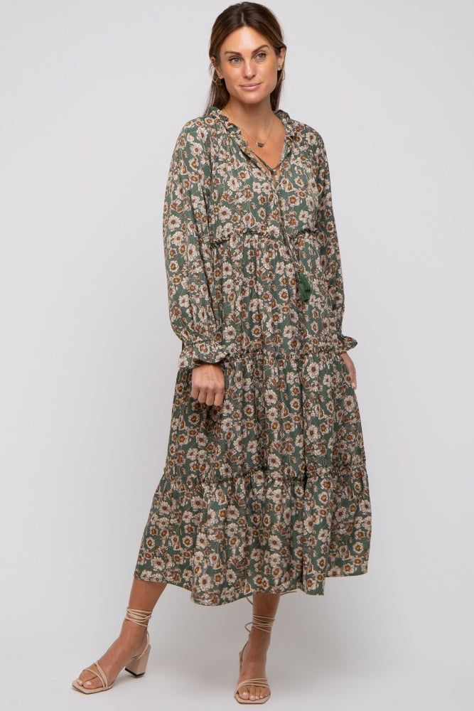 Olive Floral Ruffle Neck Tiered Midi Dress sold by Pinkblush product image thumbnail 4