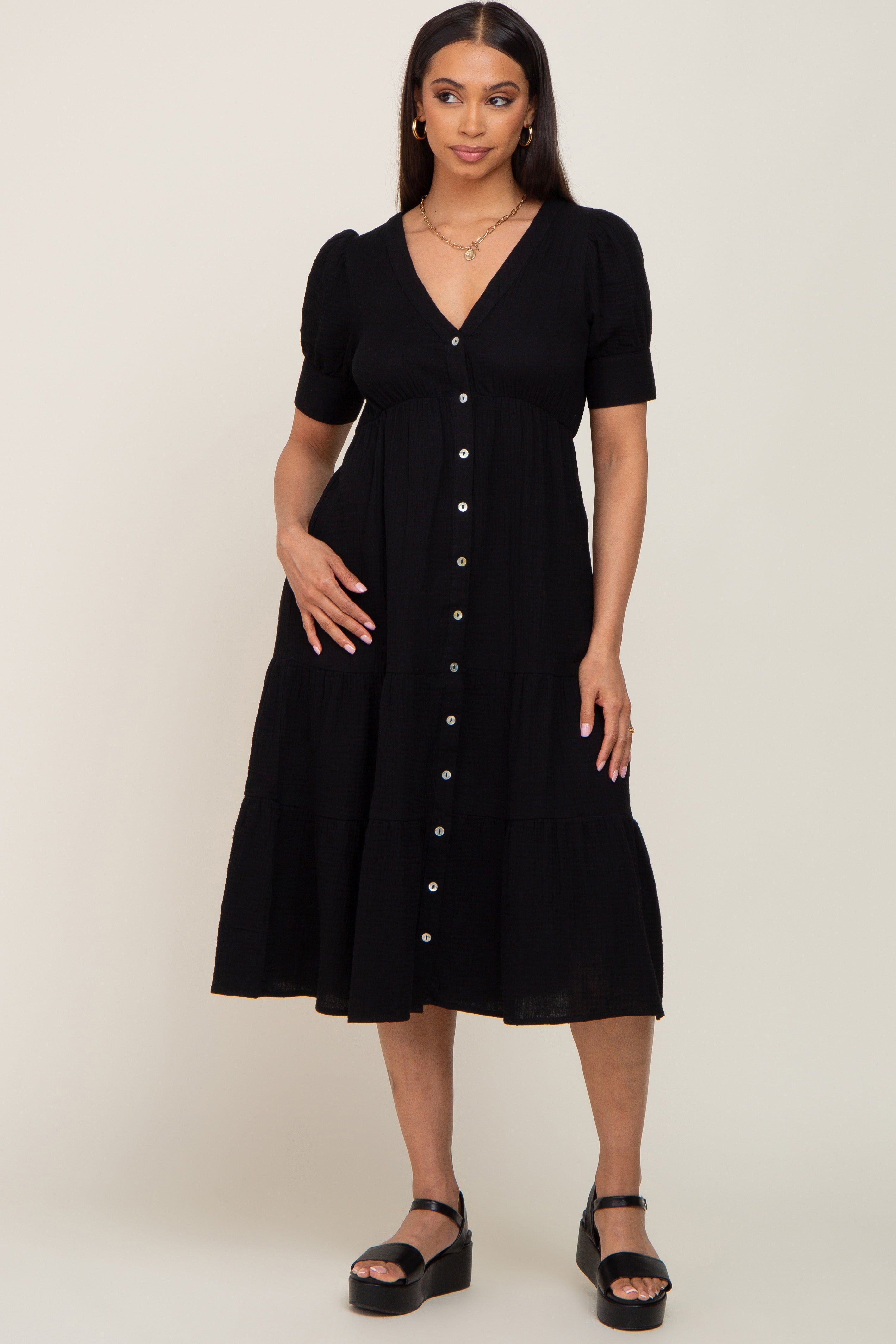 Black Button Down Short Sleeve Dress sold by Pinkblush product image thumbnail 4