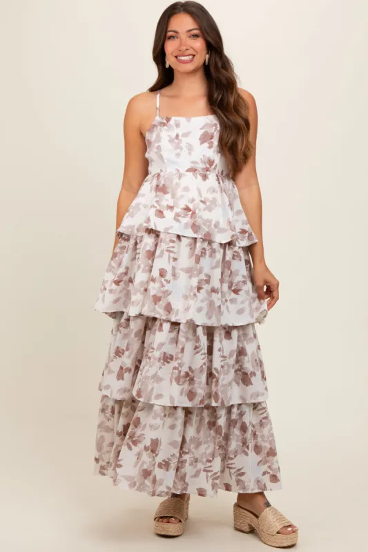 Mocha Leaf Print Square Neck Cut-Out Back Ruffle Tiered Maternity Midi Dress sold by Pinkblush