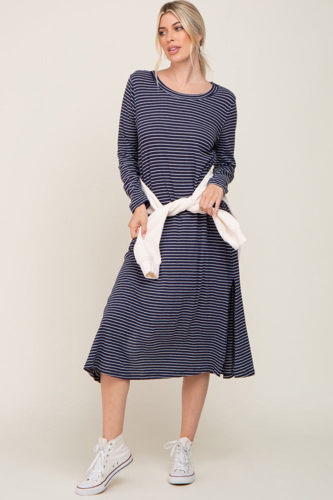 Navy Striped Side Slit Maternity Midi Dress sold by Pinkblush product image thumbnail 5