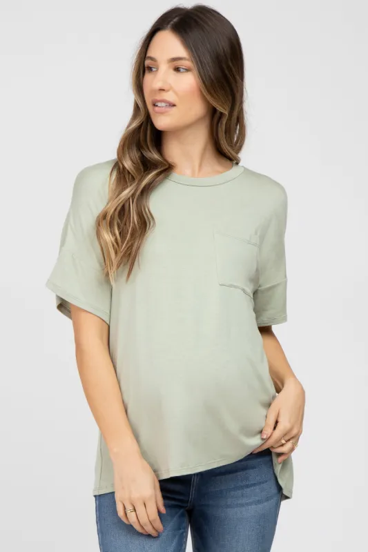Light Olive Pocket Front Short Sleeve Maternity Top sold by Pinkblush