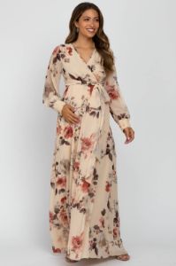 Cream Floral Chiffon Maternity Maxi Dress sold by Pinkblush