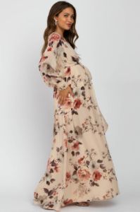 Cream Floral Chiffon Maternity Maxi Dress sold by Pinkblush