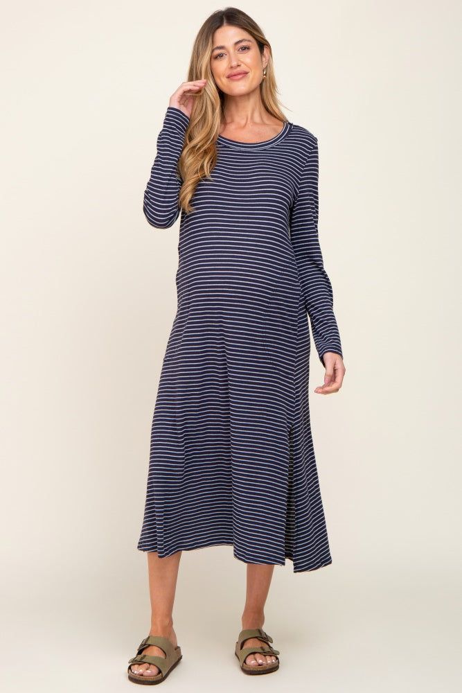 Navy Striped Side Slit Maternity Midi Dress sold by Pinkblush product image thumbnail 4