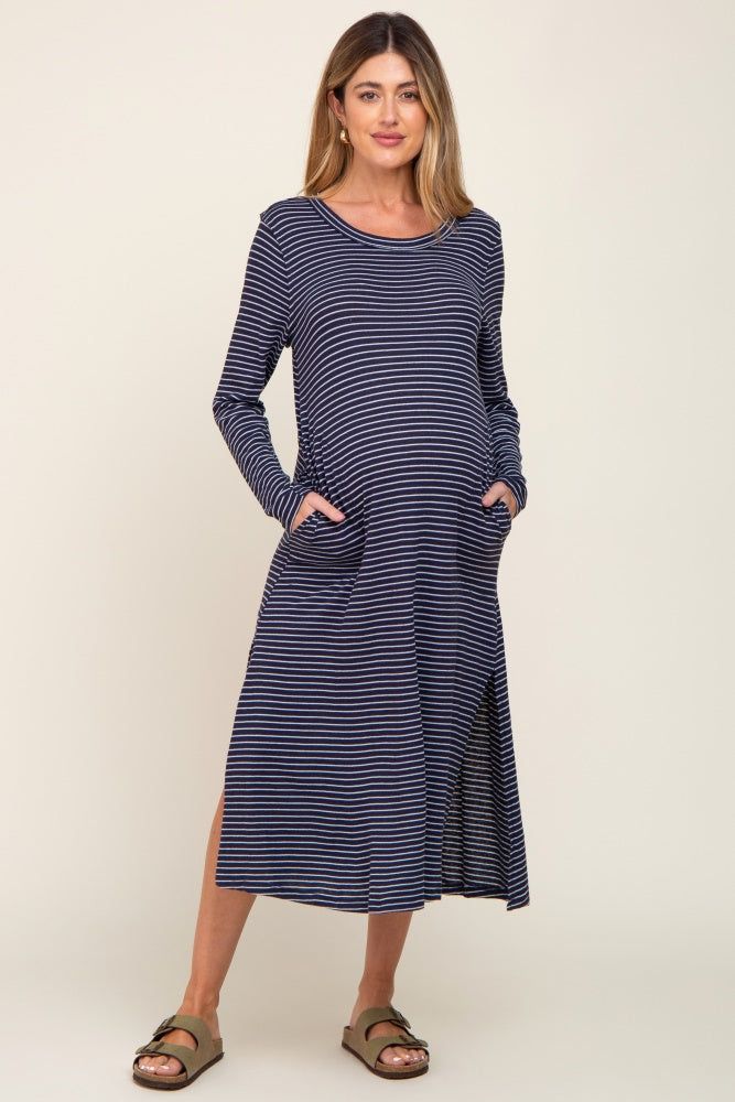 Navy Striped Side Slit Maternity Midi Dress sold by Pinkblush